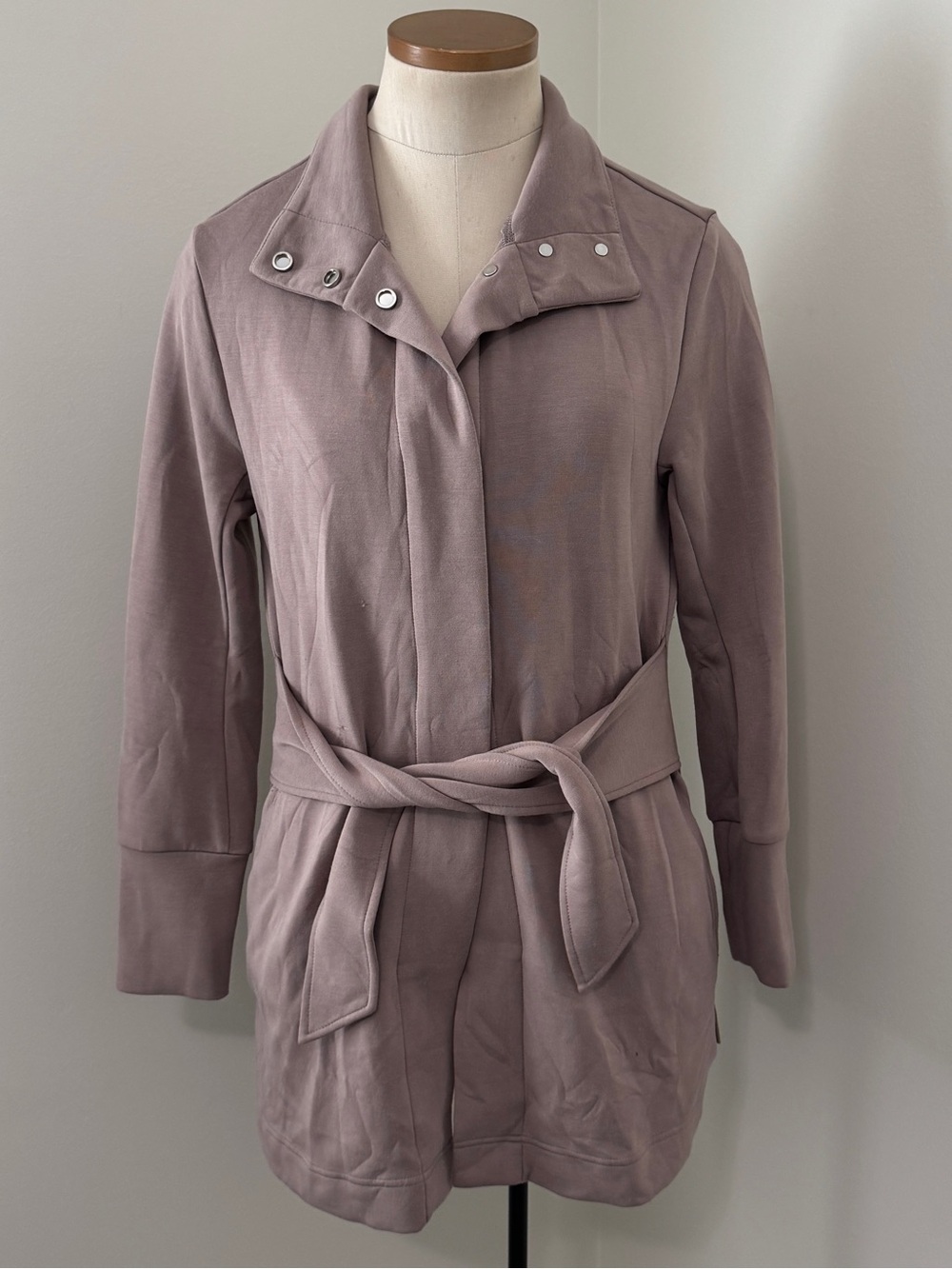 Varley XS DoubleSoft Anset Jacket Snap Front Taupe Belt Pockets